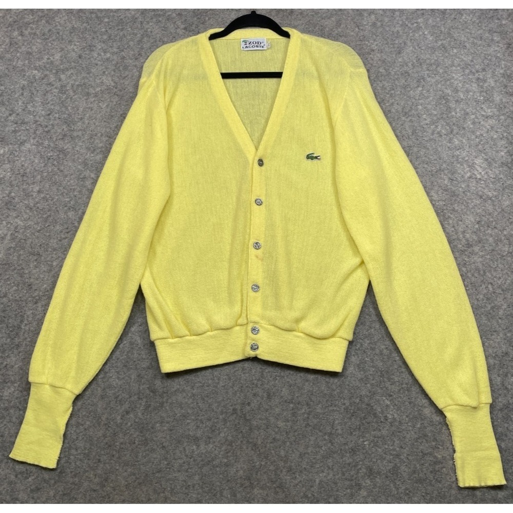 Vintage 60s 70s Izod Lacoste Cardigan Sweater Yellow Medium Orlon Acrylic
